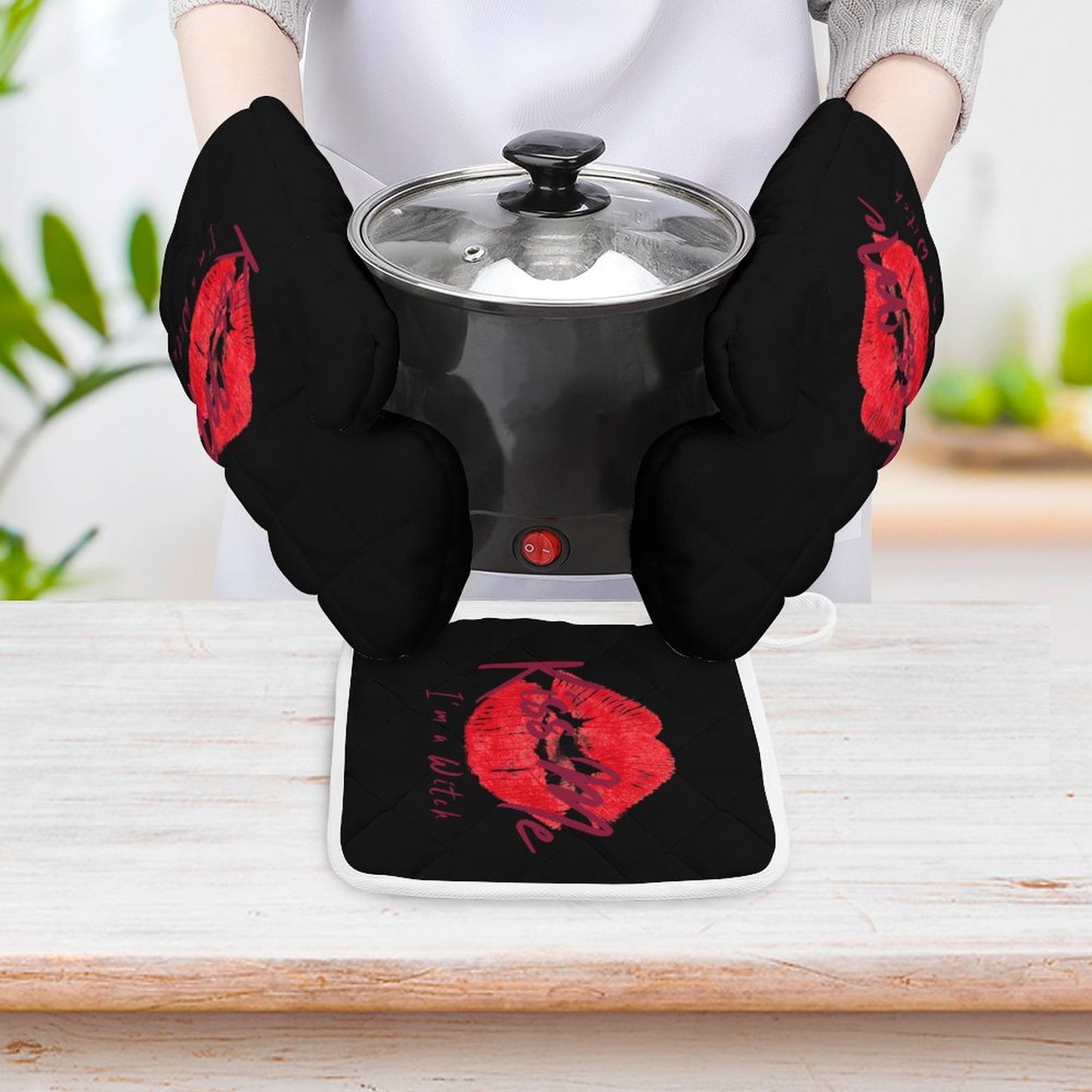Kiss Me I'm a Witch Black Oven Mitts & Pot Holder Set of 3