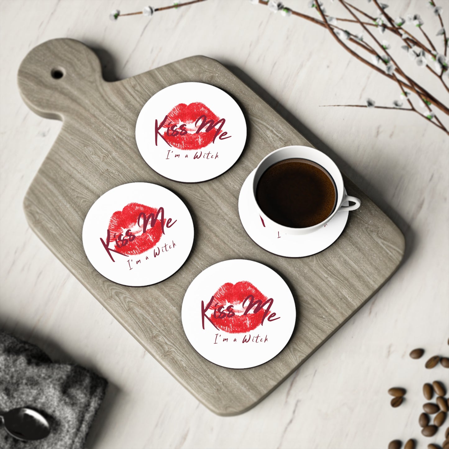Kiss Me I'm a Witch White Coasters - Witchy Kitchens