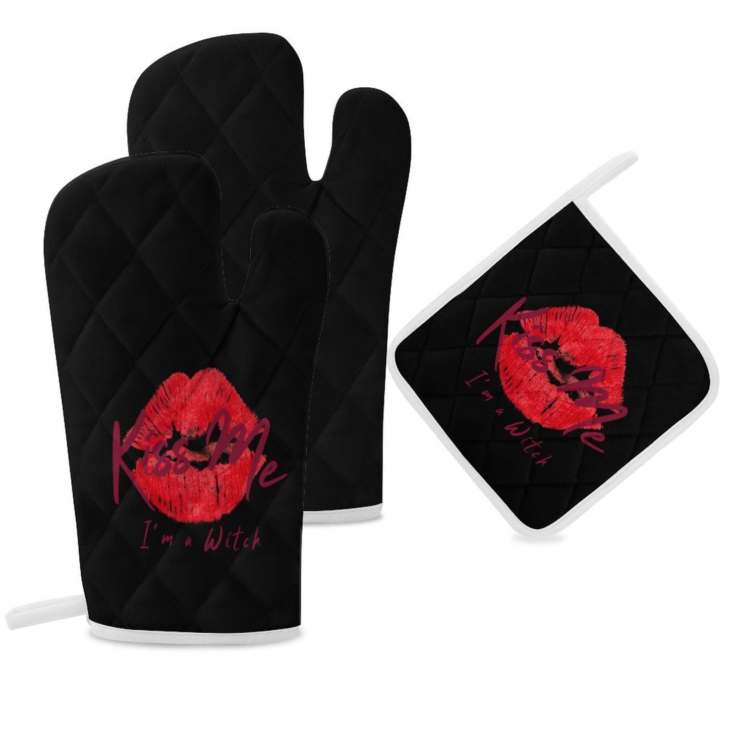 Kiss Me I'm a Witch Black Oven Mitts & Pot Holder Set of 3