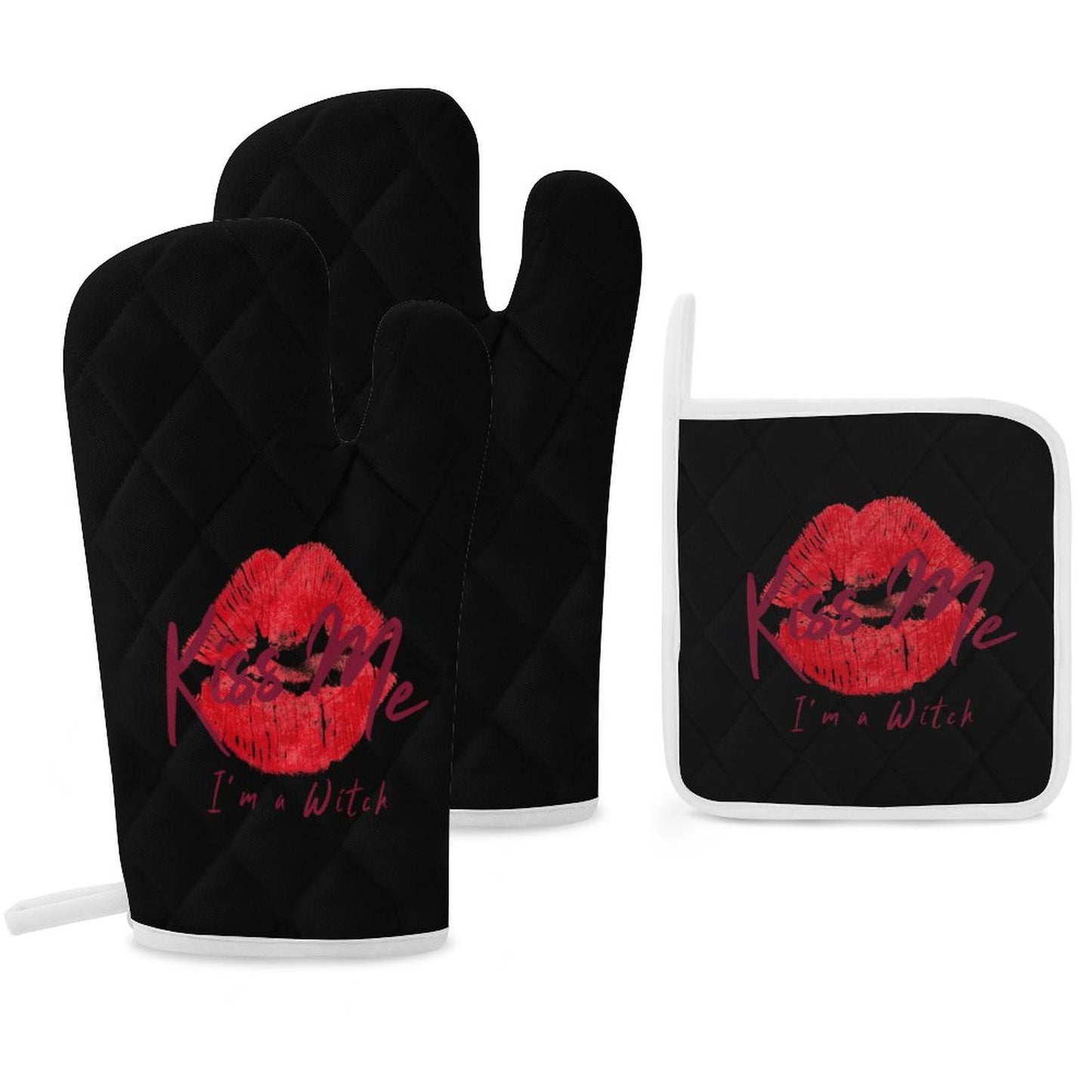 Kiss Me I'm a Witch Black Oven Mitts & Pot Holder Set of 3