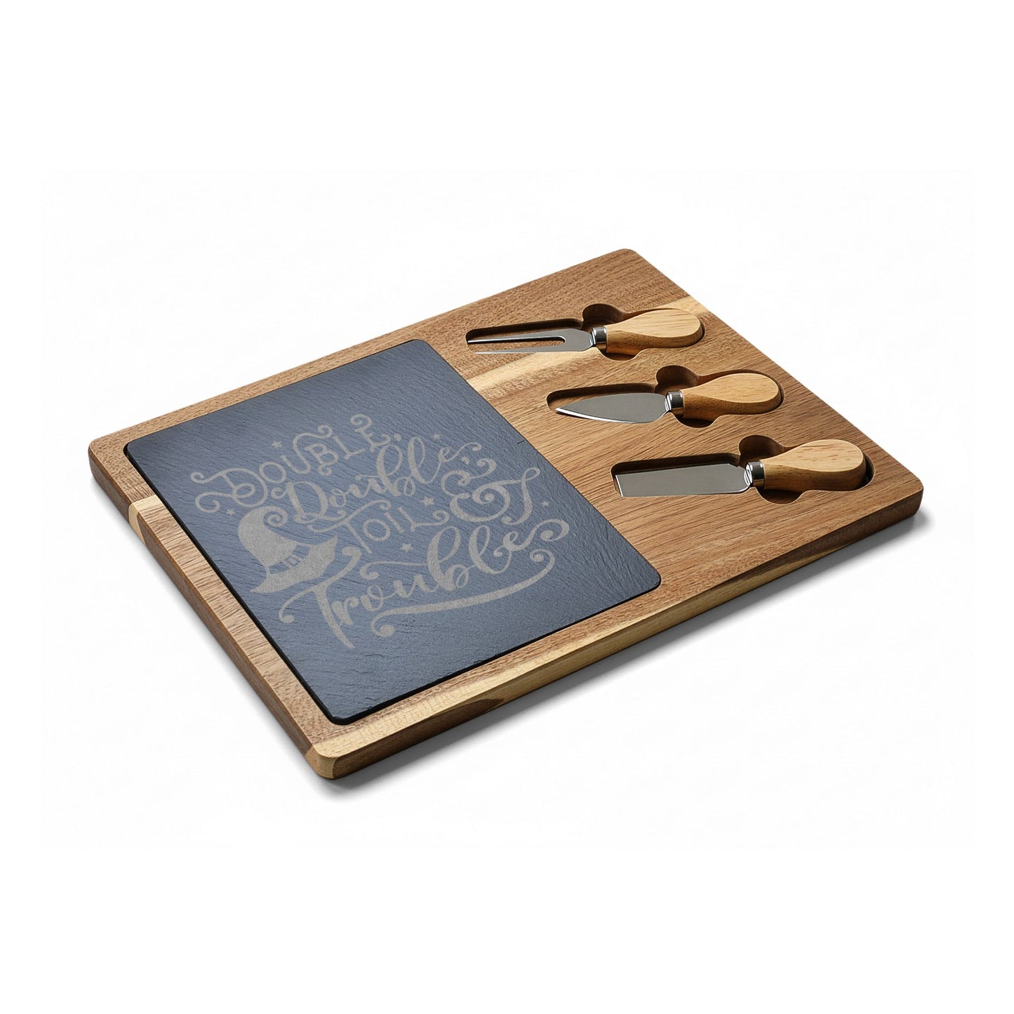 Engraved Acacia Charcuterie Board with Slate & 3 Cheese Knives – 'Double, Double Toil & Trouble' Halloween Serving Set