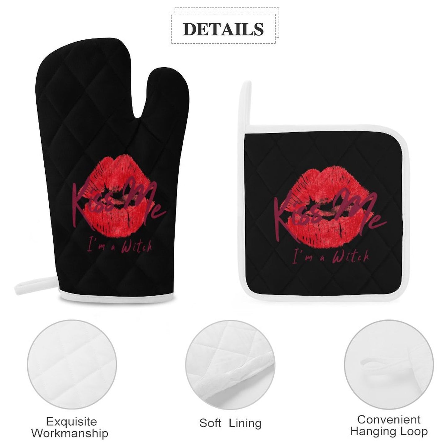 Kiss Me I'm a Witch Black Oven Mitts & Pot Holder Set of 3