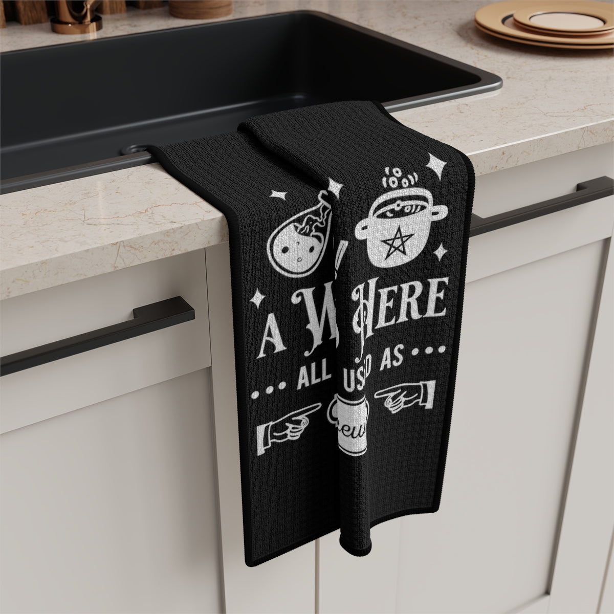 Warning A Witch Cooks Here Black Tea Towel - Witchy Kitchens