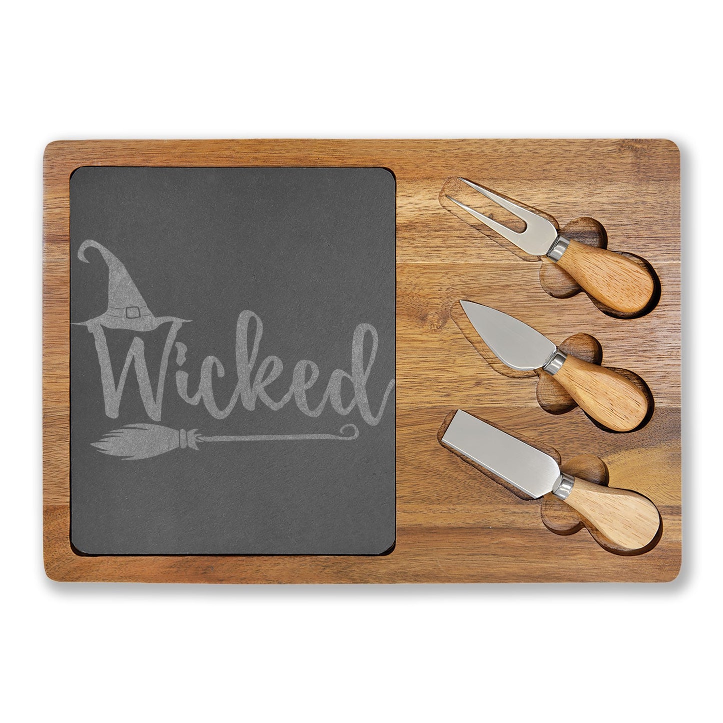 Wicked Witch Engraved Charcuterie Board with Slate & Cheese Knives - Witchy Kitchens