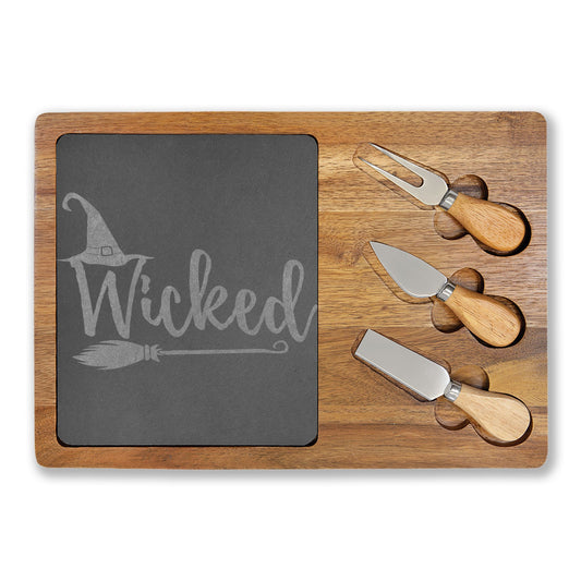 Wicked Witch Engraved Charcuterie Board with Slate & Cheese Knives