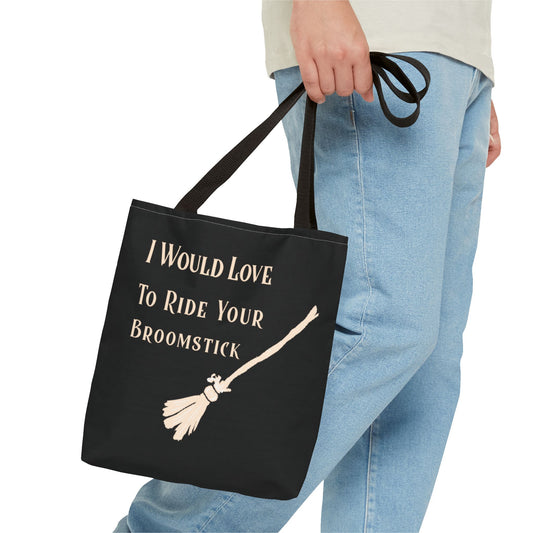 I would love to ride your Broomstick Tote Bag, Halloween Tote, Witch Theme Bag, Occasional Gift, Spooky Accessory, Eco-Friendly Shopping Bag