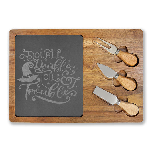 Engraved Acacia Charcuterie Board with Slate & 3 Cheese Knives – 'Double, Double Toil & Trouble' Halloween Serving Set