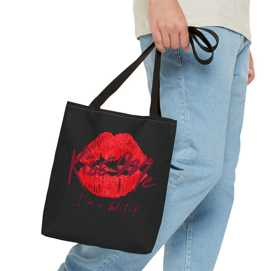 Kiss Me I'm A Witch Tote Bag, Halloween Tote, Witch Theme Bag, Occasional Gift, Spooky Accessory, Eco-Friendly Shopping Bag, Witchy Bag