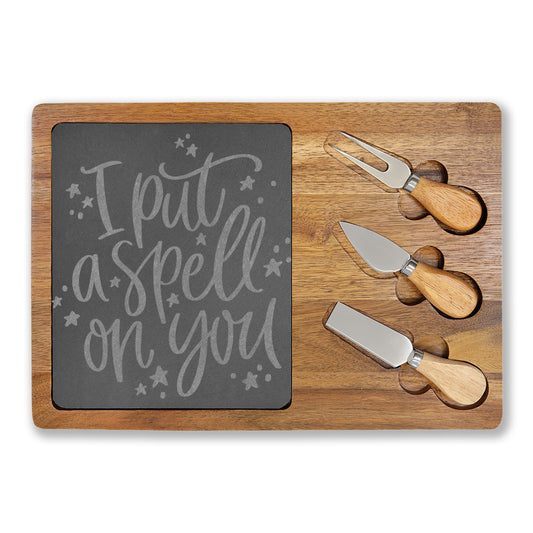 Engraved Charcuterie Board – "I Put a Spell on You" Slate & Knife Set
