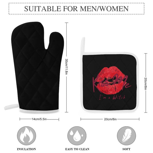 Kiss Me I'm a Witch Black Oven Mitts & Pot Holder Set of 3