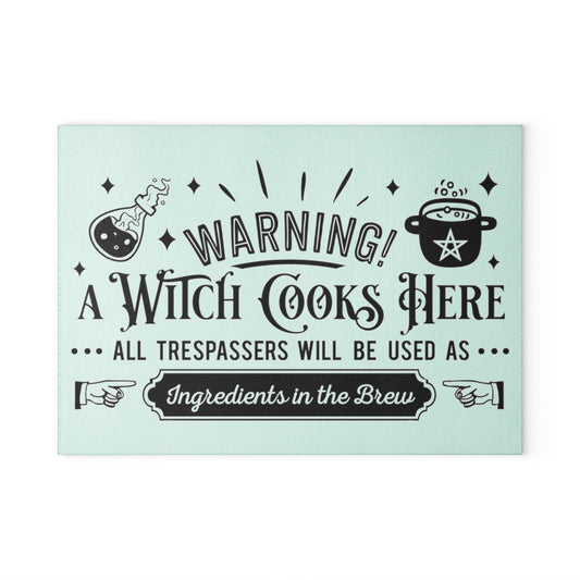 A Witch Cooks Here Glass Cutting Board | Witchy Kitchens - Witchy Kitchens