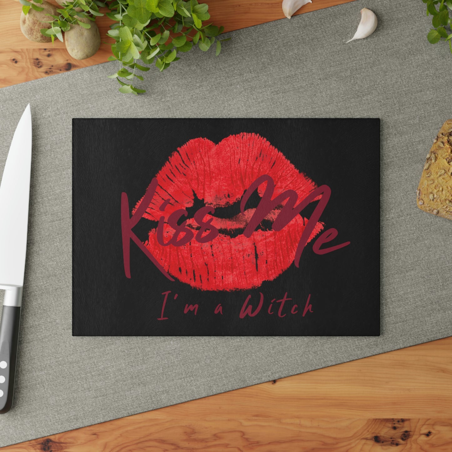 Black Kiss Me Glass Cutting Board - Witchy Kitchens