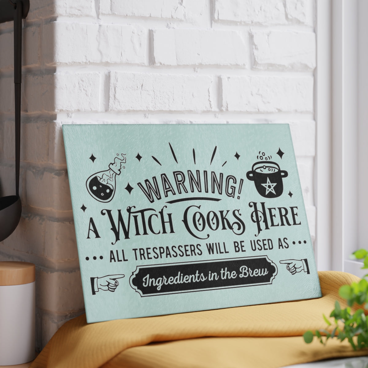 A Witch Cooks Here Glass Cutting Board | Witchy Kitchens - Witchy Kitchens
