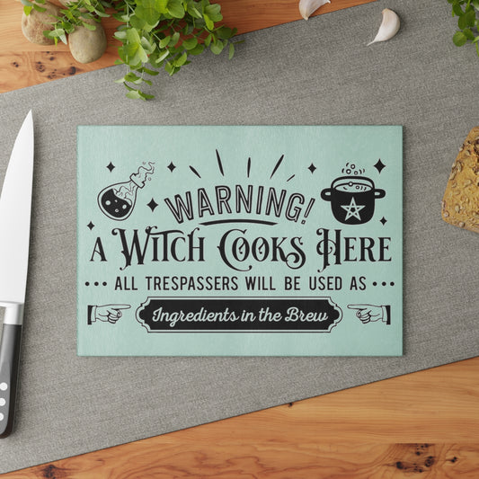 A Witch Cooks Here Glass Cutting Board | Witchy Kitchens - Witchy Kitchens