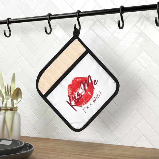 White Kiss Me Pot Holder with Pocket - Witchy Kitchens