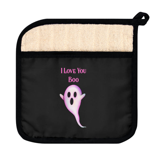 Boo Black Pot Holder with Pocket - Witchy Kitchens
